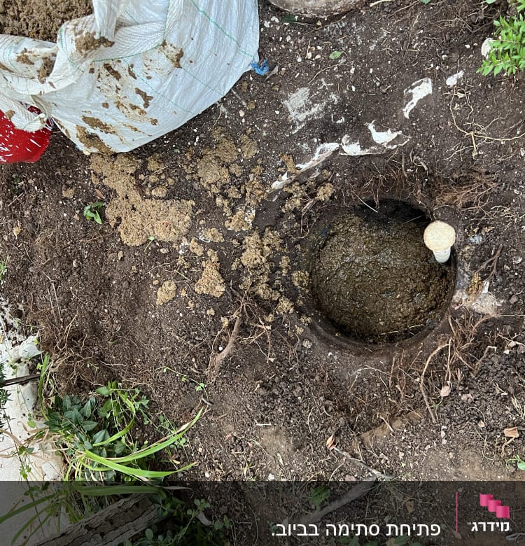 בור באדמה עם צינור לבן קטן לידו